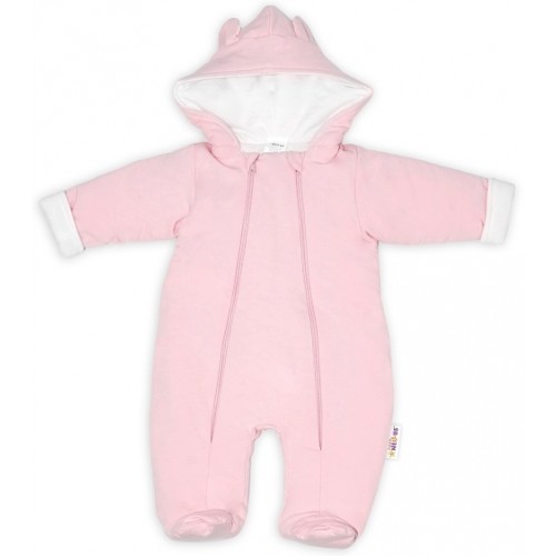 Baby Nellys ® Kombinézka s dvojitým zapínaním, s kapucňou a uškami, sv. růžová