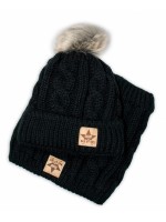 BABY NELLYS Zimná pletená čiapka s brmbolcom + komín, čierna, veľ. 104/116