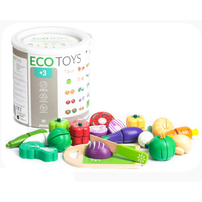 Drevené jedlo v vedierku ECO TOYS - Zelenina, 20 kusov
