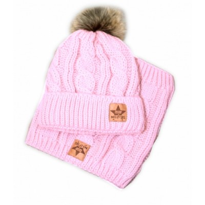 BABY NELLYS Zimná pletená čiapka s brmbolcom + komín, svetlo ružová - veľ. 104/116