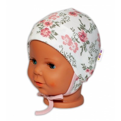 Baby Bavlnená čiapočka s uškami na zaväzovanie - Ruže, pudrová/ecru, veľ. 62/68