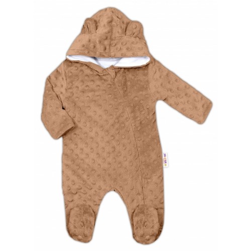 Baby Nellys Kombinézka /overal Minky s kapucňou a uškami - karamel, hnědá, Veľ. 74
