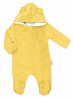 Baby Nellys Kombinézka /overal Minky s kapucňou a uškami -žltá