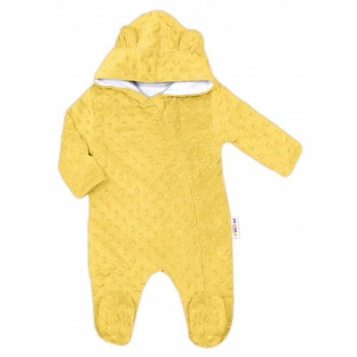 Baby Nellys Kombinézka /overal Minky s kapucňou a uškami -žltá, vel. 74