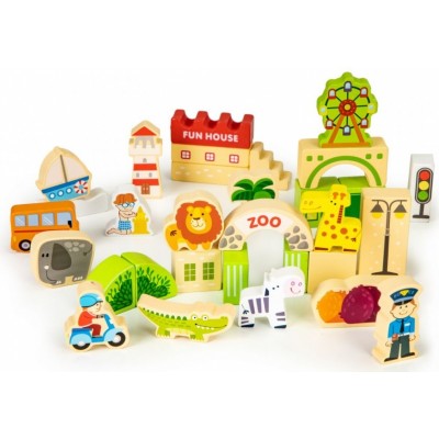 Drevené kocky  ECO TOYS 120 ks - pastelové farby, ZOO