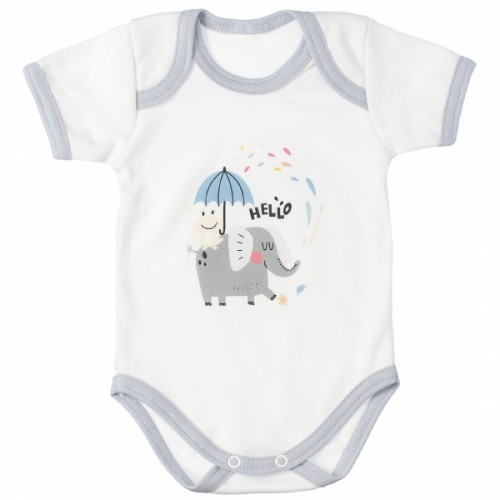 MBaby Bavlnené body s krátkym rukávom, Sloníča Hello, bielo/sivé, veľ. 86