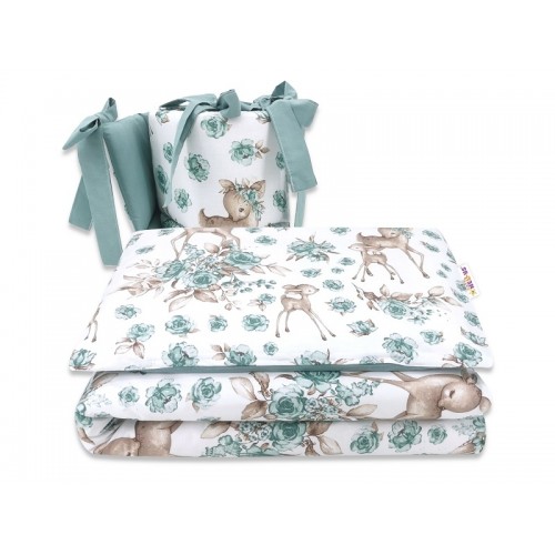 BABY NELLYS 3-dielna sada mantinel s obliečkami, Srnka a růže - mätová, 135x100 cm