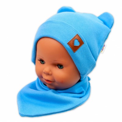 Baby Nellys Rebrovaná dvojvrstvová čiapka s uškami + šatka TEDDY - modrá