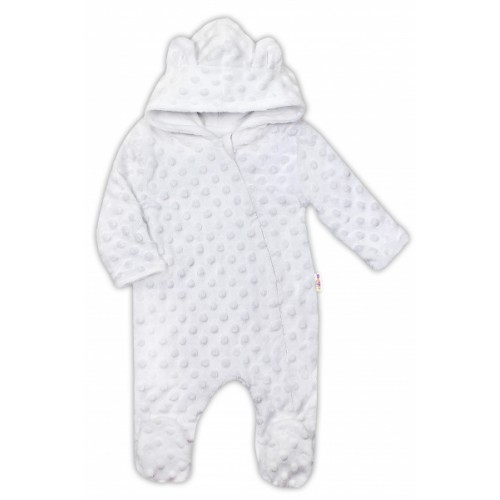 Baby Nellys Kombinézka /overal Minky s kapucňou a uškami - biela, veľ. 80