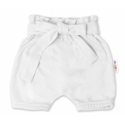 Baby Nellys Bavlnené kraťasy s ozdobným pásikom - biele, veľ. 98/104