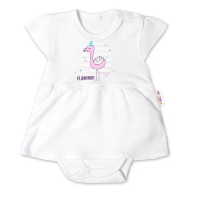 Baby Nellys Bavlnené dojčenské sukničkobody, kr. rukáv, Flamingo - biele, veľ. 74