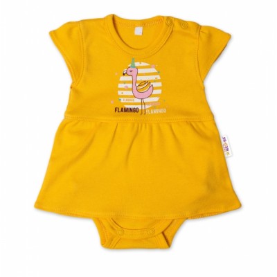 Baby Nellys Bavlnené dojčenské sukničkobody, kr. rukáv, Flamingo - horčicová, veľ. 86
