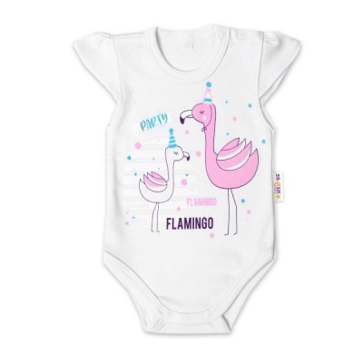 Baby Nellys Bavlnené dojčenské body, kr. rukáv, Flamingo - biele, veľ. 74