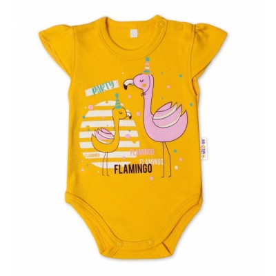 Baby Nellys Bavlnené dojčenské body, kr. rukáv, Flamingo - horčicove, veľ. 68
