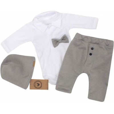 Z&Z 4-dielna sada Elegant Boy, body, nohavice, motýlik a čiapky, sivá/biela, veľ.62