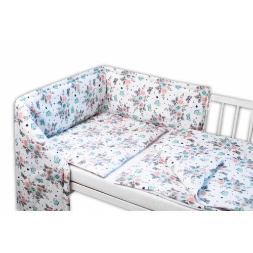 Baby Nellys 3-dielna sada Mantinel s obliečkami - Ružičky, biele, 135x100 cm