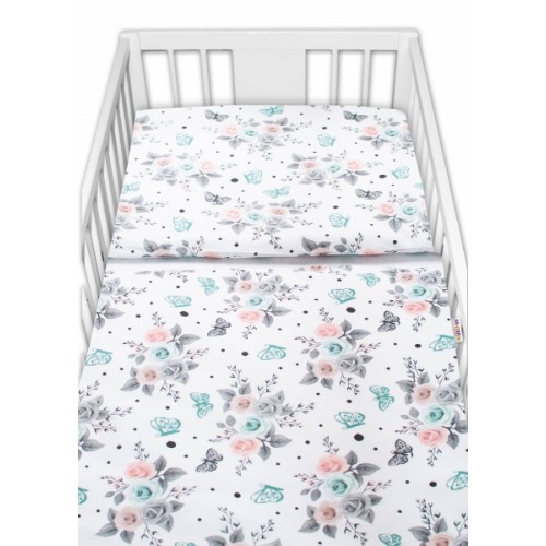Baby Nellys 3-dielna sada Mantinel s obliečkami - Ružičky, biele, 135x100 cm