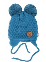 BABY NELLYS Zimná pletená čiapka Teddy Bear na zaväzovanie, modrá, 68/80, (6-12m)