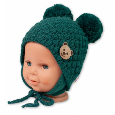 BABY NELLYS Zimná pletená čiapka Teddy Bear na zaväzovanie, zelená, 68/80, (6-12m)