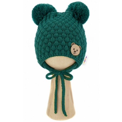 BABY NELLYS Zimná pletená čiapka Teddy Bear na zaväzovanie, zelená, 68/80, (6-12m)