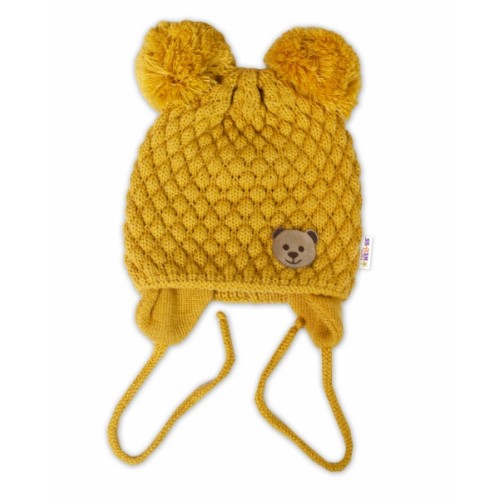 BABY NELLYS Zimná pletená čiapka Teddy Bear na zaväzovanie, horčicová