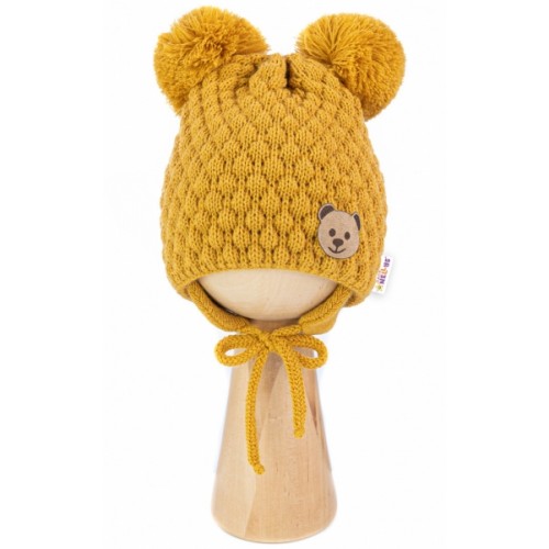 BABY NELLYS Zimná pletená čiapka Teddy Bear na zaväzovanie, horčicová, 68/80, (6-12m)