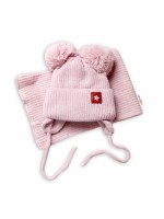 BABY NELLYS Zimná čiapka s šálom STAR - púdrová s brmbolcami, veľ. 68/80