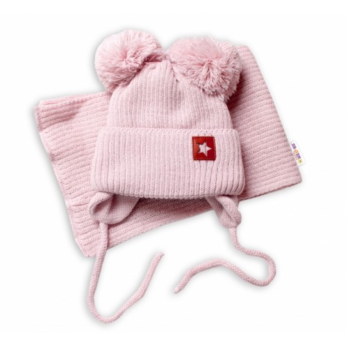 BABY NELLYS Zimná čiapka s šálom STAR - púdrová s brmbolcami, veľ. 68/80