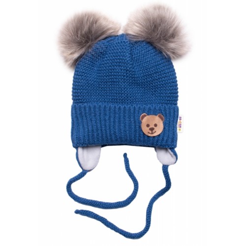 BABY NELLYS Zimná čiapka s fleecom Teddy Bear - chlupáčk. bambuľky - tm. modrá, šedá