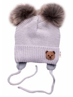 BABY NELLYS Zimná čiapka s fleecom Teddy Bear - chlupáčk. bambuľky - sv. šedá, šedá