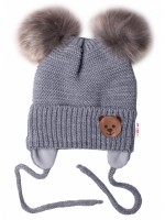 BABY NELLYS Zimná čiapka s fleecom Teddy Bear - chlupáčk. bambuľky - tm. šedá, šedá