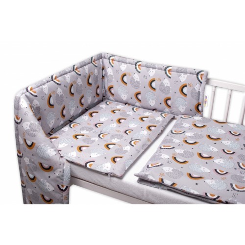 Baby Nellys 3-dielna sada Mantinel s obliečkami - Ježek a dúha, sivé, 135x100 cm