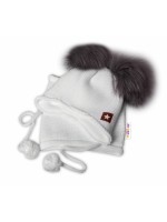 BABY NELLYS Zimná čiapka s fleecom a chlupáčka. bambuľky Star + komínok - biela