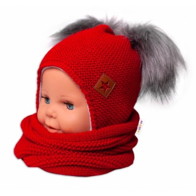 BABY NELLYS Zimná čiapka s fleecom a chlupáčka. bambuľky Star + komínok - červená