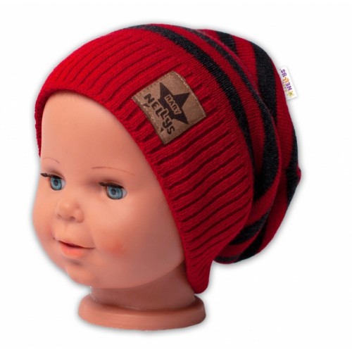 BABY NELLYS Jesenná/zimní prúžkovaná čiapka - červená/grafit