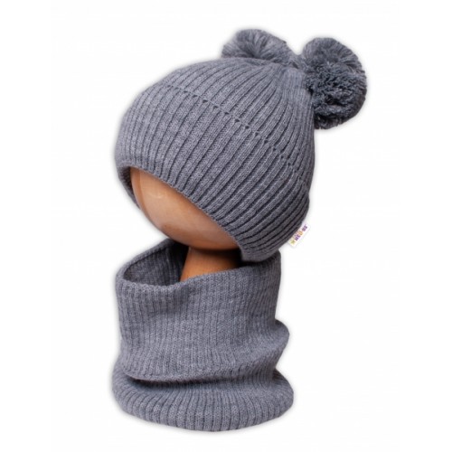 BABY NELLYS Zimná pletená čiapka + nákrčník - sivá s brmbolcami
