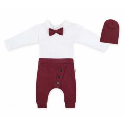 Baby Nellys 3-dielna sada Hubert, body s motýlikom, tepláčiky a čiapočka - bordo, veľ. 68