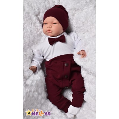 Baby Nellys 3-dielna sada Hubert, body s motýlikom, tepláčiky a čiapočka - bordo, veľ. 68