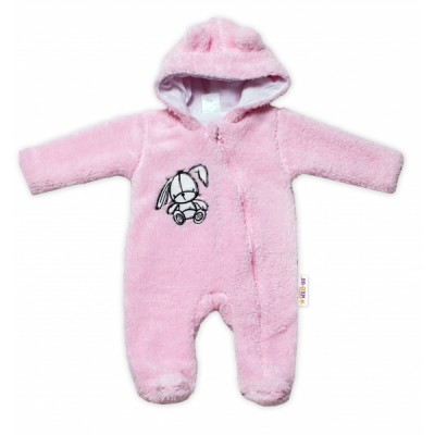 Baby Nellys Chlpáčkový overálek s kapucňou, Cute Bunny - svetlo ružový