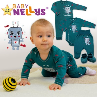 Baby Nellys Bavlnené dojčenské polodupačky Little Robot, tmavo zelené, veľ. 68