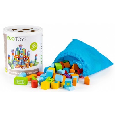 Drevené kocky vo vedierku ECO TOYS 100 ks - pastelové farby, City