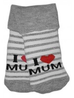 Dojčenské froté bavlnené ponožky I Love Mum, bielo/sivé prúžok
