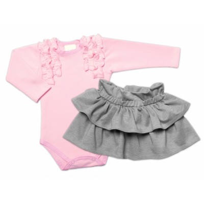 BABY NELLYS 2-dielna sada, body dl.rukáv + suknička Dance Baby, ružová/sivá, veľ. 86