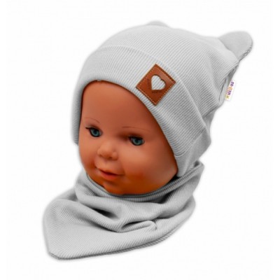 Baby Nellys Rebrovaná dvojvrstvová čiapka s uškami + šatka TEDDY - sivá