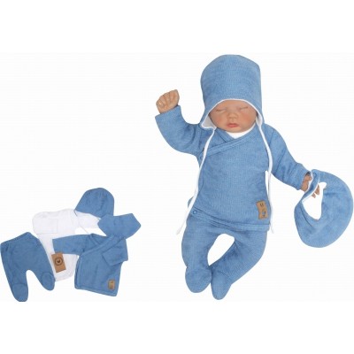 Z&Z 5-dielna pletená dojčenská súpravička so šatkou - modrá, biela, veľ. 62