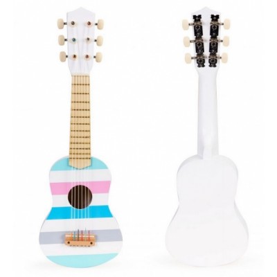 Eco Toys Drevená gitara pastelové pruhy - biela