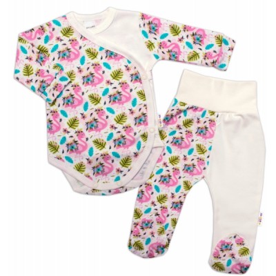 Baby Nellys 2-dielna sada body zap. bokom + polodupačky Plameniak - biela/ružová, veľ. 62