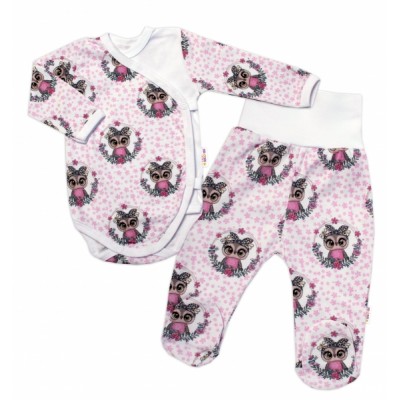 Baby Nellys 2-dielna sada body zap. bokom + polodupačky Cute Owls - ružová, veľ. 68