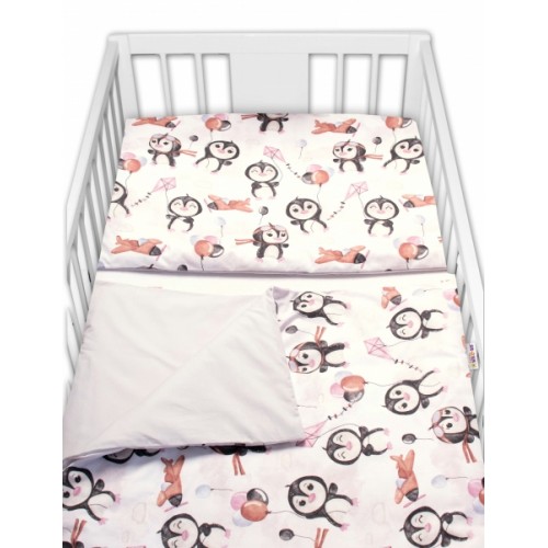 Baby Nellys 3-dielna sada Mantinel s obliečkami , Tučniaky, biela/sivá, 135x100 cm