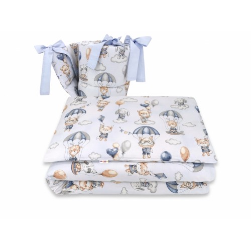 BABY NELLYS 3-dielna sada mantinel s obliečkami, Lietajúce zvieratká, modrá, 135x100 cm